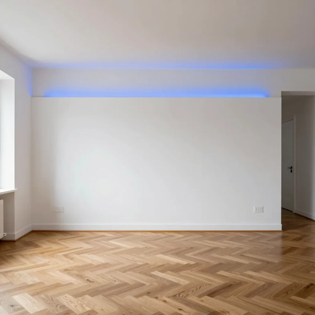 Minimalistinė svetainė su baltomis sienomis ir ąžuolo parketu